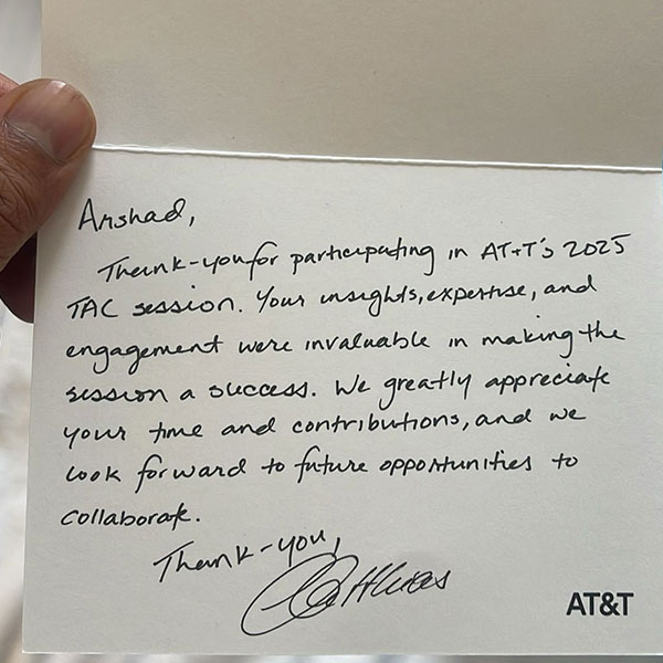 Appreciation letter from AT&T Global CEO Jeff Skankey for speaking on the Te